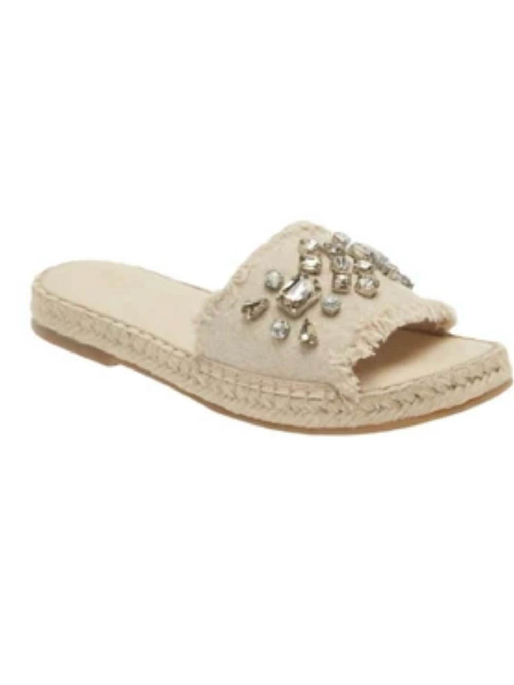 Chocolat Blu Beige Bejeweled Fringe Espadrille Slide Sandals